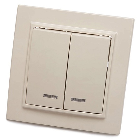 Выключатель 2-клавишный с индикатором, STEKKER, PSW10-9002-02, 250В, 10А, серия Эрна, слоновая кость - фото
