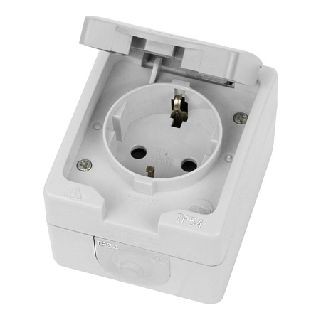 Розетка 1-местная с крышкой с/з STEKKER, PST26-11-54, пластик АВS, 250В, 16А, IP54, белый/серый - фото