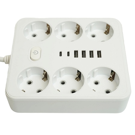 Удлинитель 6-местный c/з 3x1 мм2, 3 м, 250В, 10А, 4USB+2Type-C 2,4А, серия Home plus, белый STEKKER HM09-66-02 - фото