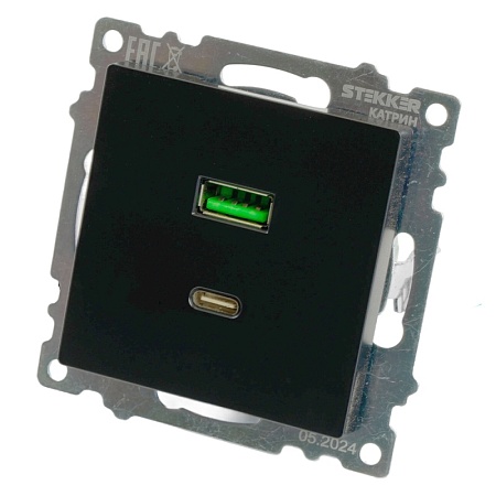 Розетка 2-местная USB + type C (механизм), STEKKER GLS10-7116-05, 250B, 3А, серия Катрин, черный - фото