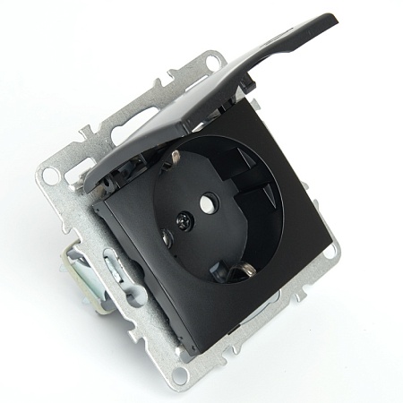 Розетка 1-местная с/з с крышкой (механизм), STEKKER, PST16-9112-03, 250В, 16А с защ. шторкой, серия Эрна, черный - фото