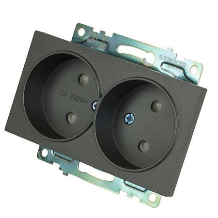 Розетка 2-местная с защитной шторкой (механизм) б/з, 250В, 10А, серия Катрин, графит, GLS10-7113-06 - фото