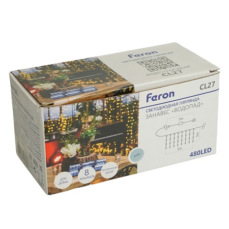 Светодиодная гирлянда Feron CL27 занавес Водопад  3*3м  + 3м 230V 5000K с контроллером, c питанием от сети, прозрачный шнур - фото