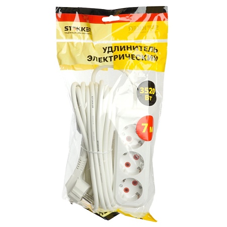 Удлинитель трехместный с/з  STEKKER HM06-31-07 3x1мм2, 7м, серия Home (У10-002), белый - фото