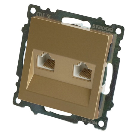 Розетка компьютерная 2-местная RJ-45 (механизм) STEKKER GLS00-7109-08, серия Катрин, золото - фото