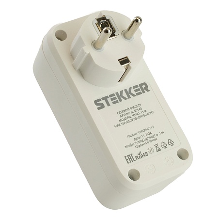 Сетевой фильтр 1-местный с/з STEKKER 250В, 16А, с выключателем, серия Nova, HM81-11-2, белый - фото