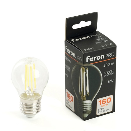 Лампа светодиодная Feron.PRO LB-1706 Шарик E27 980LM 6W 175-265V 4000K - фото