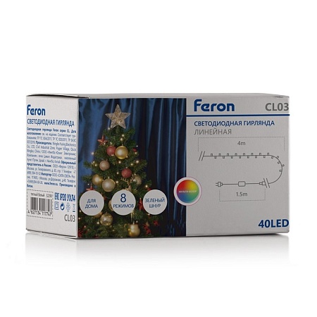 Светодиодная гирлянда Feron CL03 линейная 4м +1.5м 230V мультиколор, c питанием от сети, контроллером, зеленый шнур - фото