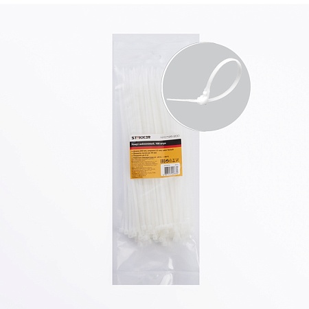 Хомут нейлоновый STEKKER NYCT25-200 2,5x200 мм, d пучка max 50 мм, нагрузка 8 кг, белый, упаковка 100 шт - фото