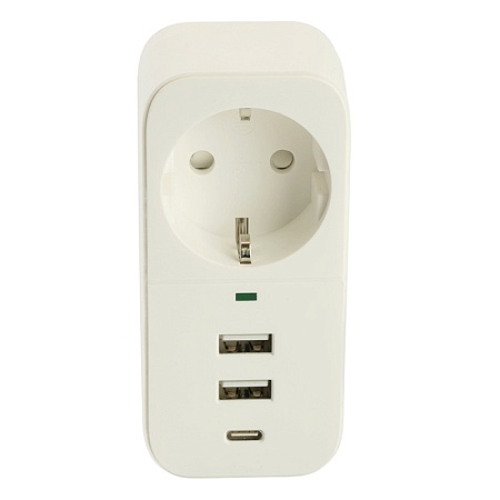 Сетевой фильтр 1-местный с/з STEKKER 250В, 16А,  2USB+1Type-C 2,4 A, серия Nova, HM81-11-1, белый - фото