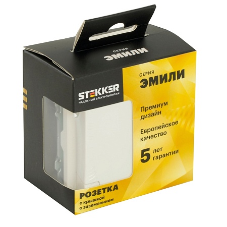 Розетка 1-местная с крышкой с защ. штор, STEKKER, с/з, 250В, 16А, серия Эмили, RST16-5112-01, белый фарфор, soft touch - фото