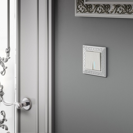 Выключатель двухклавишный проходной с подсветкой перламутровый рифленый WL13-SW-2G-2W-LED - фото