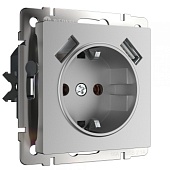 Розетка с заземлением, шторками и USBх2 серебряный WL06-SKGS-USBx2-IP20