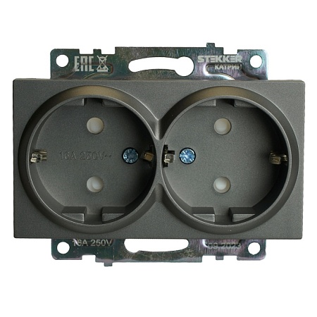 Розетка 2-местная с защитной шторкой (механизм) с/з, 250В, 16А, серия Катрин, графит, GLS16-7114-06 - фото