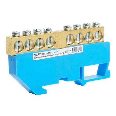 Шина"N" на изоляторе STEKKER 8*12 на DIN-рейку 8 выводов, синий, LD555-812-8 - фото