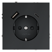 Розетка встраиваемая VOLTUM S70 с заземлением и защитными шторками, 16А, с USB, A+С, (графит)