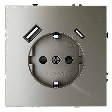 Розетка встраиваемая VOLTUM S70 с заземлением и защитными шторками, 16А, с USB, A+С, (шелк)