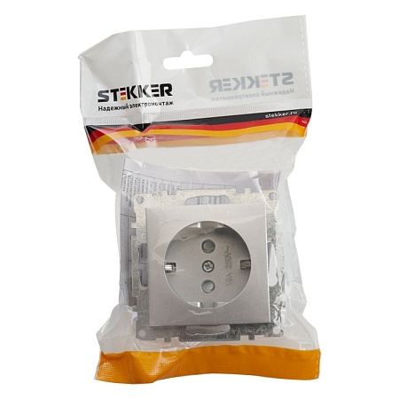 Розетка 1-местная с/з (механизм), STEKKER GLS16-7110-03, 250В, 16А с защитной шторкой, серия Катрин, серебро - фото