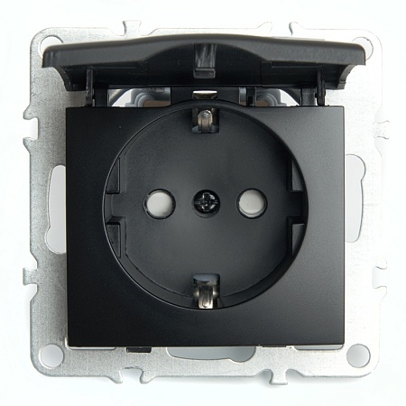 Розетка 1-местная с/з с крышкой (механизм), STEKKER, PST16-9112-03, 250В, 16А с защ. шторкой, серия Эрна, черный - фото