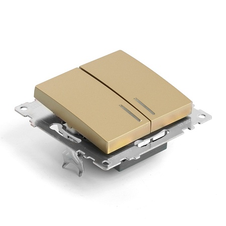 Выключатель 2-клавишный c индикатором (механизм) STEKKER, GLS10-7102-08, 250В, 10А, серия Катрин, золото - фото