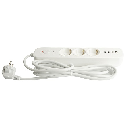 Сетевой фильтр 3-местный с/з STEKKER 3x1мм2, 1,8 м, 250В, 16А, 2 USB-A+2 Type-C, серия Nova, белый - фото