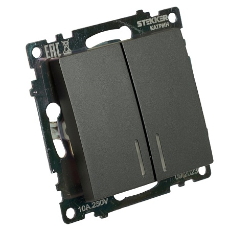 Выключатель 2-клавишный c индикатором (механизм) 250В, 10А, серия Катрин, графит, GLS10-7102-06 - фото