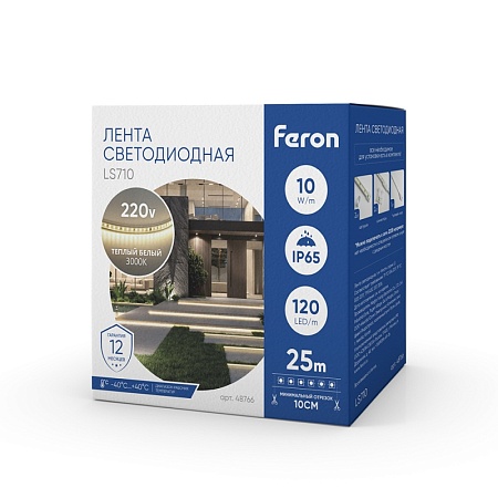 Светодиодная LED лента Feron LS710, 120SMD(2835)/м 10Вт/м 220V длина 25м, 3000K, IP65, с 1 сетевым шнуром, 2 заглушками, 2 коннекторами в комплекте - фото