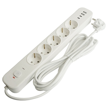 Сетевой фильтр 5-местный с/з STEKKER3x1мм2, 1,8 м, 250В, 16А, 2 USB-A+2 Type-C, серия Nova, белый - фото