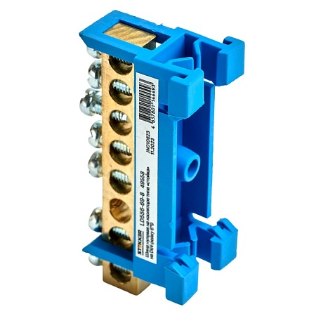 Шина "N" на изоляторе STEKKER 6*9 тип "стойка" на DIN-рейку 8 выводов, синий, LD556-69-8 - фото