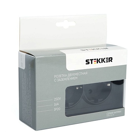 Розетка 2-местная с защитной шторкой с/з STEKKER GLS16-7014-05, серия Катрин, черный - фото