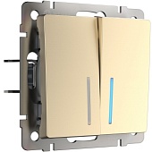 Выключатель  двухклавишный проходной с подсветкой шампань WL11-SW-2G-2W-LED