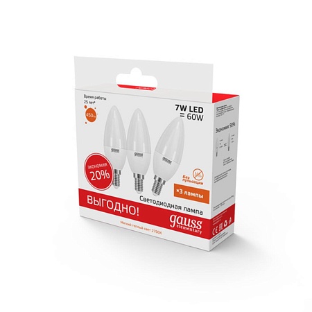 Светодиодная лампа Gauss Свеча 7W 450Lm 3000K E14 33117T - фото