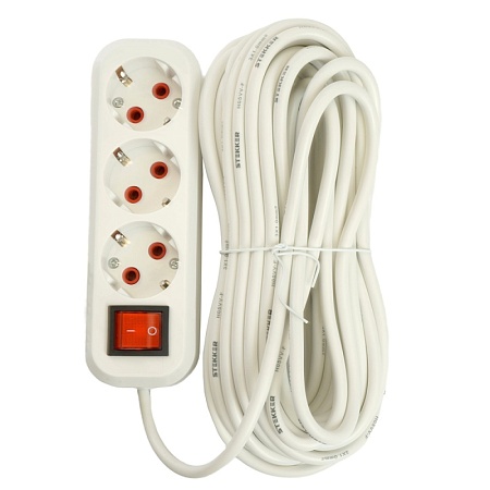 Удлинитель трехместный с/з  с выключ. STEKKER HM07-31-10 3x1мм2, 10м, серия Home (У16А-002), белый - фото