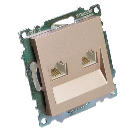 Розетка компьютерная 2-местная RJ-45 (механизм) STEKKER GLS00-7109-02, серия Катрин, шампань - фото