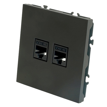 Розетка компьютерная 2-местная RJ-45 (механизм), STEKKER, серия Эмили, RST00-5111-05, черный уголь, soft touch - фото