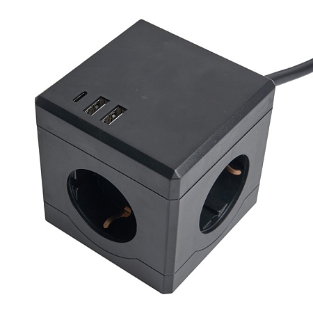 HM10-41-01 Удлинитель 3-местный с/з, 3x1мм2, 1.5м, 250В, 16А, 2USB+1С, 5V 3,1А, серия Comfort, черный - фото