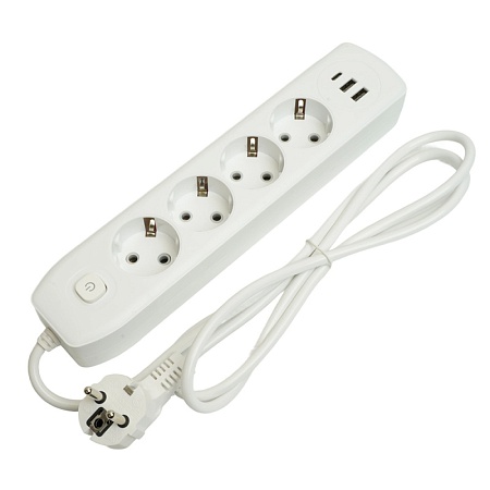 Удлинитель 4-местный c/з 3x1 мм2, 1,8 м, 250В, 10А, 2USB+1Type-C 2,4А, серия Home plus, белый STEKKER HM08-43-02 - фото