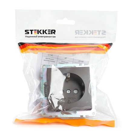 Розетка 1-местная с/з (механизм), STEKKER GLS16-7110-04, 250В, 16А с защитной шторкой, серия Катрин, шоколад - фото