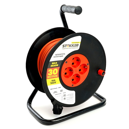 Удлинитель на катушке Stekker STD03-20-30 Standart 4-местный с/з ПВС 3*1,5, оранжевый, 16А, IP20,30м (29405) - фото