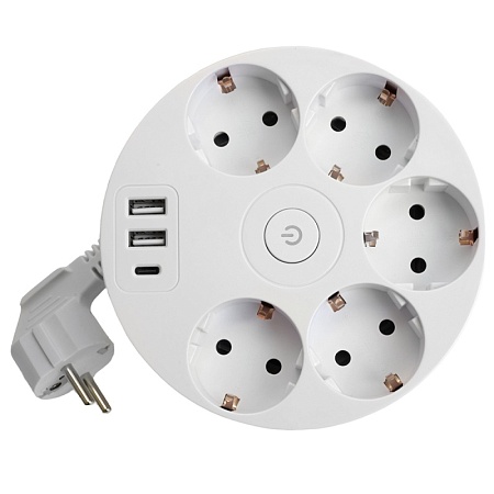 HM10-51-01 Удлинитель 5-местный с/з, 3x1мм2, 2.5м, 250В, 16А, 2USB+С 5V 3,1А, серия Comfort, белый - фото