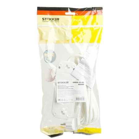 Удлинитель трехместный с/з  STEKKER HM06-31-05 3x1мм2, 5м, серия Home (У10-002), белый - фото