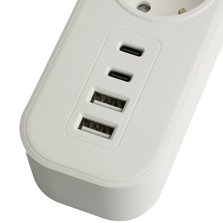 Сетевой фильтр 3-местный с/з STEKKER 3x1мм2, 3 м, 250В, 16А, 2 USB-A+2 Type-C 3, серия Nova, белый - фото