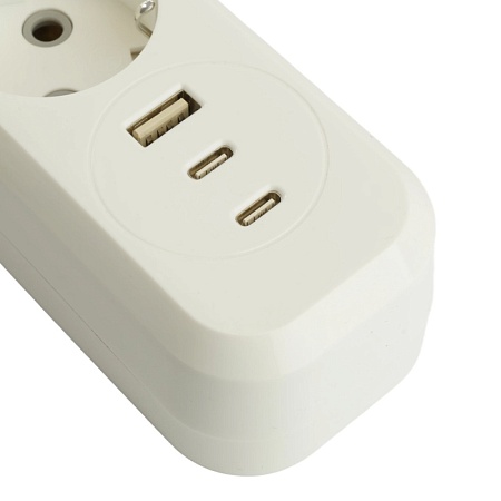 Удлинитель 4-местный с/з с выключ. STEKKER HM071-41-02 3x1мм2, 2м, 250В, 16А, 1USB+2C, 2.4A, сер Home, белый - фото