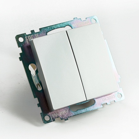 Переключатель 2-клавишный (механизм), STEKKER GLS10-7107-03, 250V, 10А, серия Катрин, серебро - фото