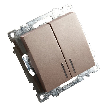 Выключатель 2-клавишный c индикатором (механизм), STEKKER GLS10-7102-02, 250В, 10А, серия Катрин, шампань - фото