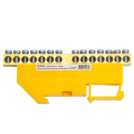 Шина"PE" на изоляторе STEKKER 6*9 на DIN-рейку 14 выводов, желтый, LD555-69-14 - фото