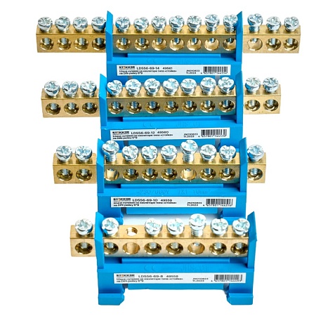 Шина "N" на изоляторе STEKKER 6*9 тип "стойка" на DIN-рейку 10 выводов, синий, LD556-69-10 - фото