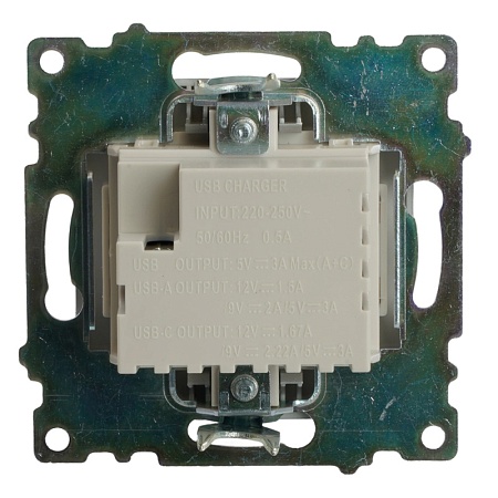 Розетка 2-местная USB + type C (механизм)), STEKKER GLS10-7116-03 , 250B, 3А, max 20W, серия Катрин, серебро - фото