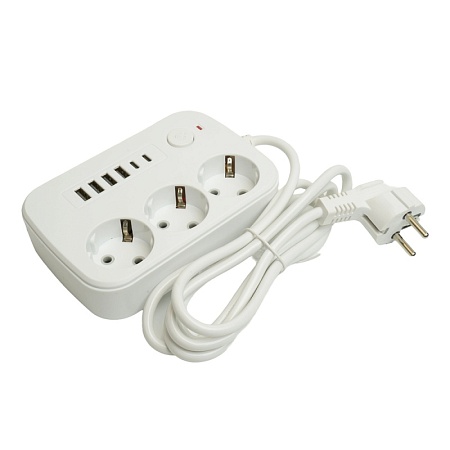 Удлинитель 3-местный c/з 3x1 мм2, 1,8 м, 250В, 10А, 4USB+2Type-C 2,4А, серия Home plus, белый STEKKER HM09-36-02 - фото