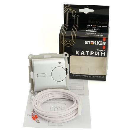Терморегулятор механический для теплого пола (механизм), STEKKER GLS00-7117-03, 250В, 3500Вт, серия Катрин, серебро - фото